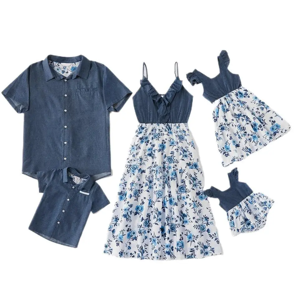 

Demin Shirt Blouse For Man & Women's Kids's Floral Sleeveless Dresses Family Outfits Summer Beach Dress, Picture shows