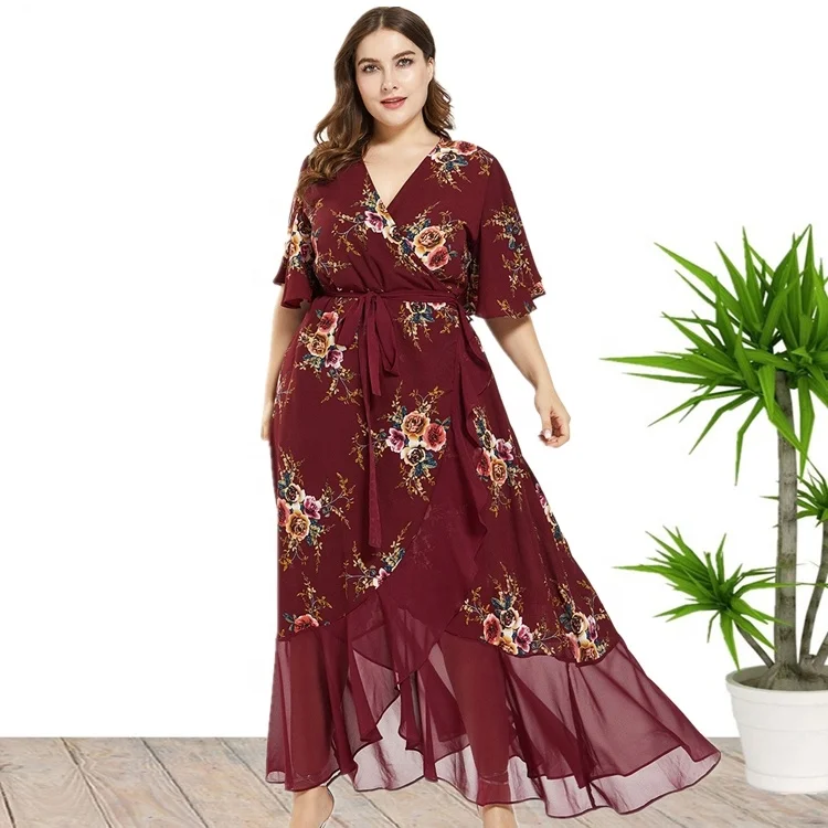 

Amazon Hot Sale Plus Size V Neck Floral Print Chiffon Stich Summer Dresses For Women 2021