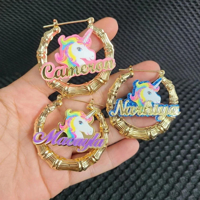 

Custom Acrylic Unicorn Name Earrings Bamboo for Children Teen Earrings Necklace Set Jewelry, As pics