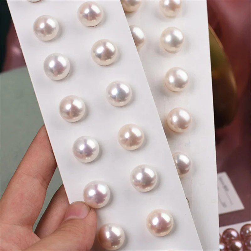 

7.5-15mm 3A grade natural genuine pink white half drilled wholesale cultured fresh water freshwater button shape loose pearls, White pink