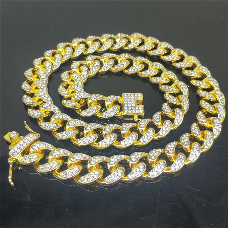 

Special offer high quality Cuban chain tide brand full diamond 14MM thick two-tone silver hiphop ultra flash necklace, Silver, gold