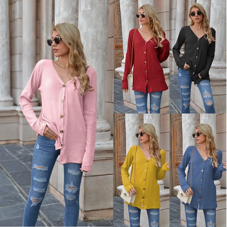 

Lover Casual Ladies Waffle Checks Blouse V-neck Double-breasted T-shirt Coat Full Sleeves Long Women Clothes, Customized color