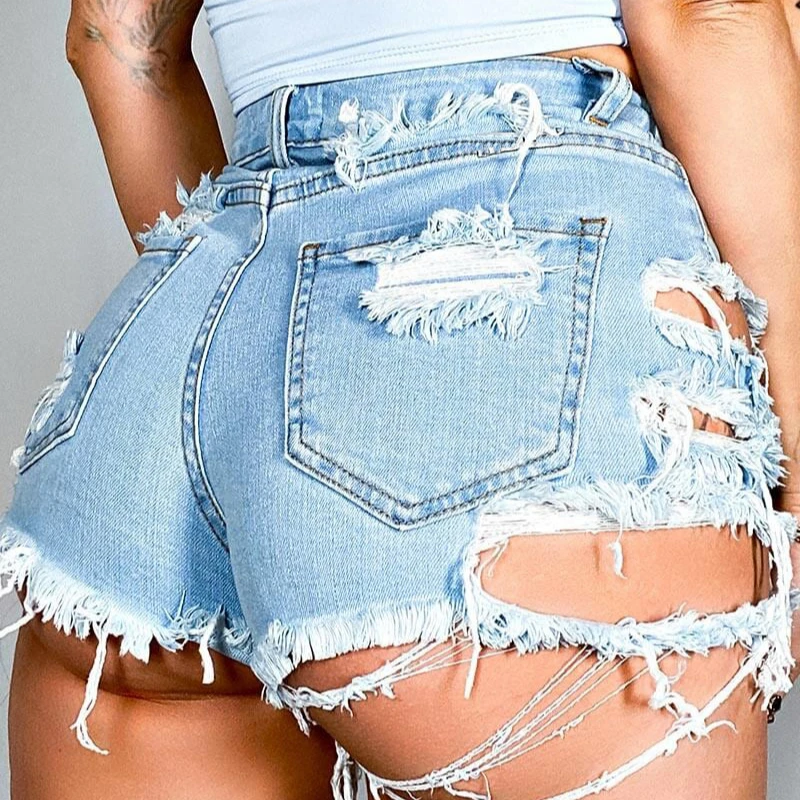 

2021 New Fashion women jean shorts Irregular torn hole stretch denim short elegant vintage jeans pants button, Q561