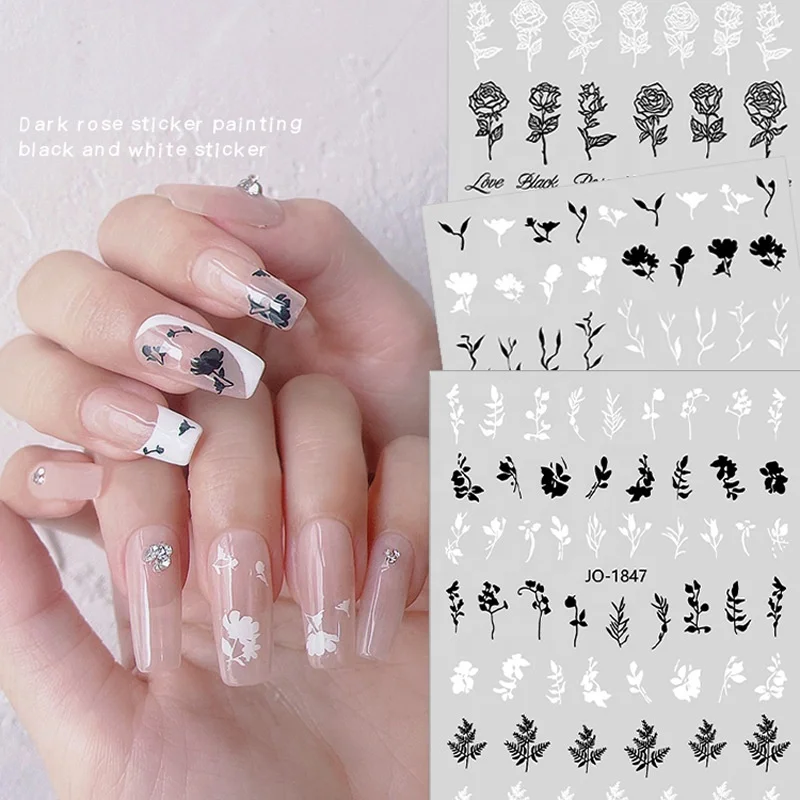 

Paso Sico Manicure Supplies Painting Black White Rose Flowers Spring Summer Designs Nail Art Sticker Decal for Nails