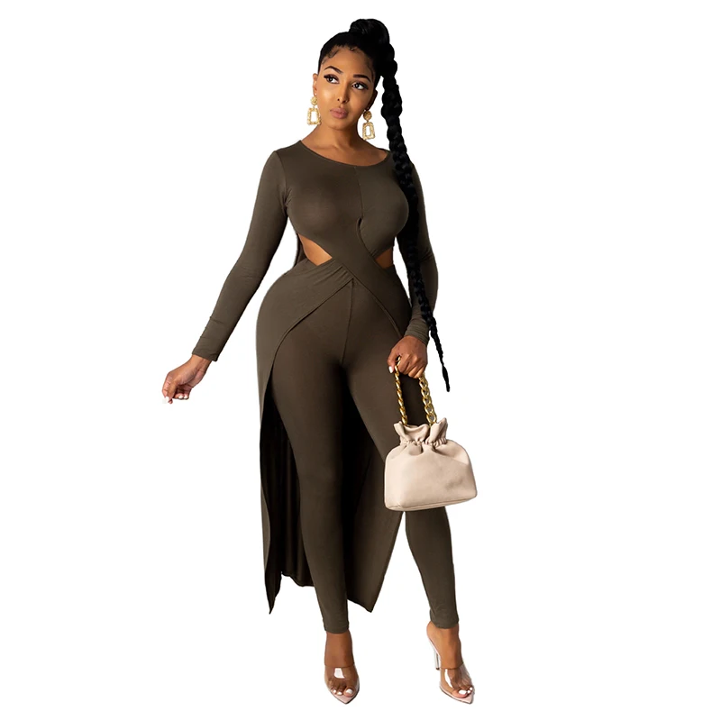 

Casual Solid Color Bodycon Hollow Out Two Piece Set Plus Size Two Piece Set Two Piece Pants Set With Long Top