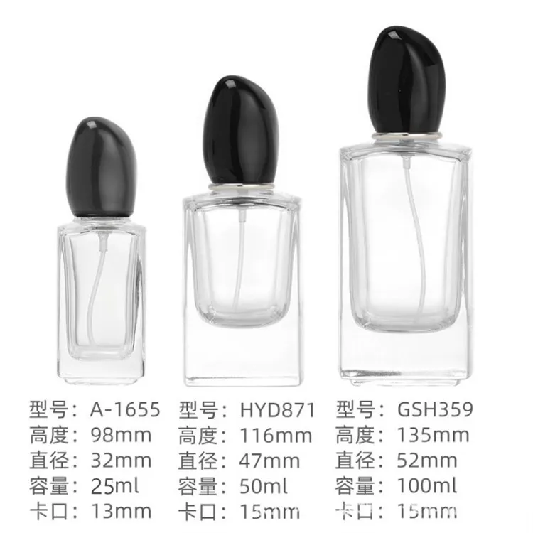 

High end 30ml 50ml 100ml thicken clear perfume glass bottle with white and black stone cap silver Aluminium perfume spray bottle