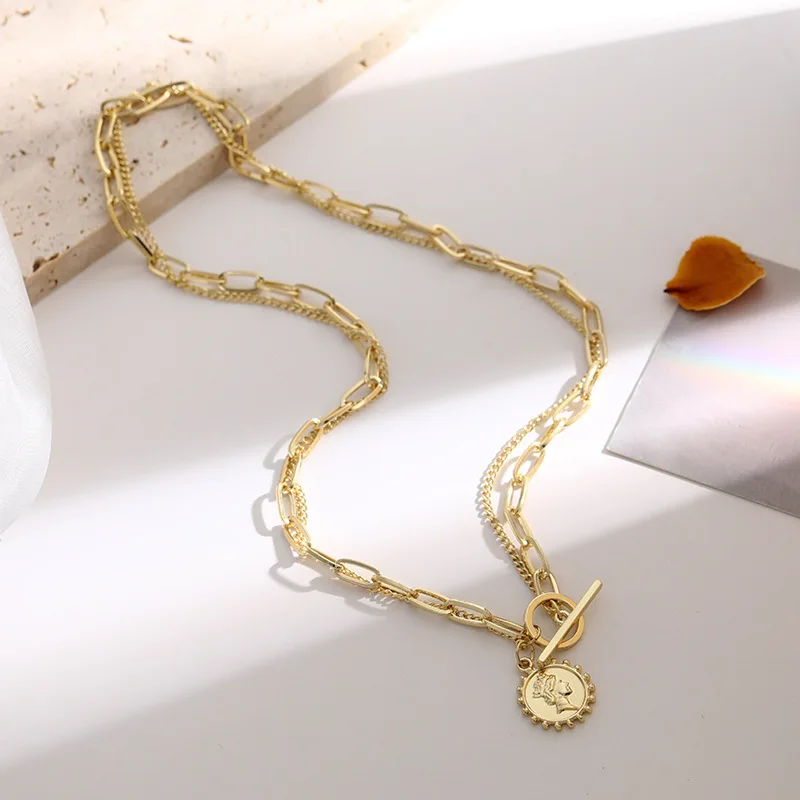 

Beauty head double-layer necklace female ins tide cold wind simple temperament high sense light luxury sweater clavicle chain