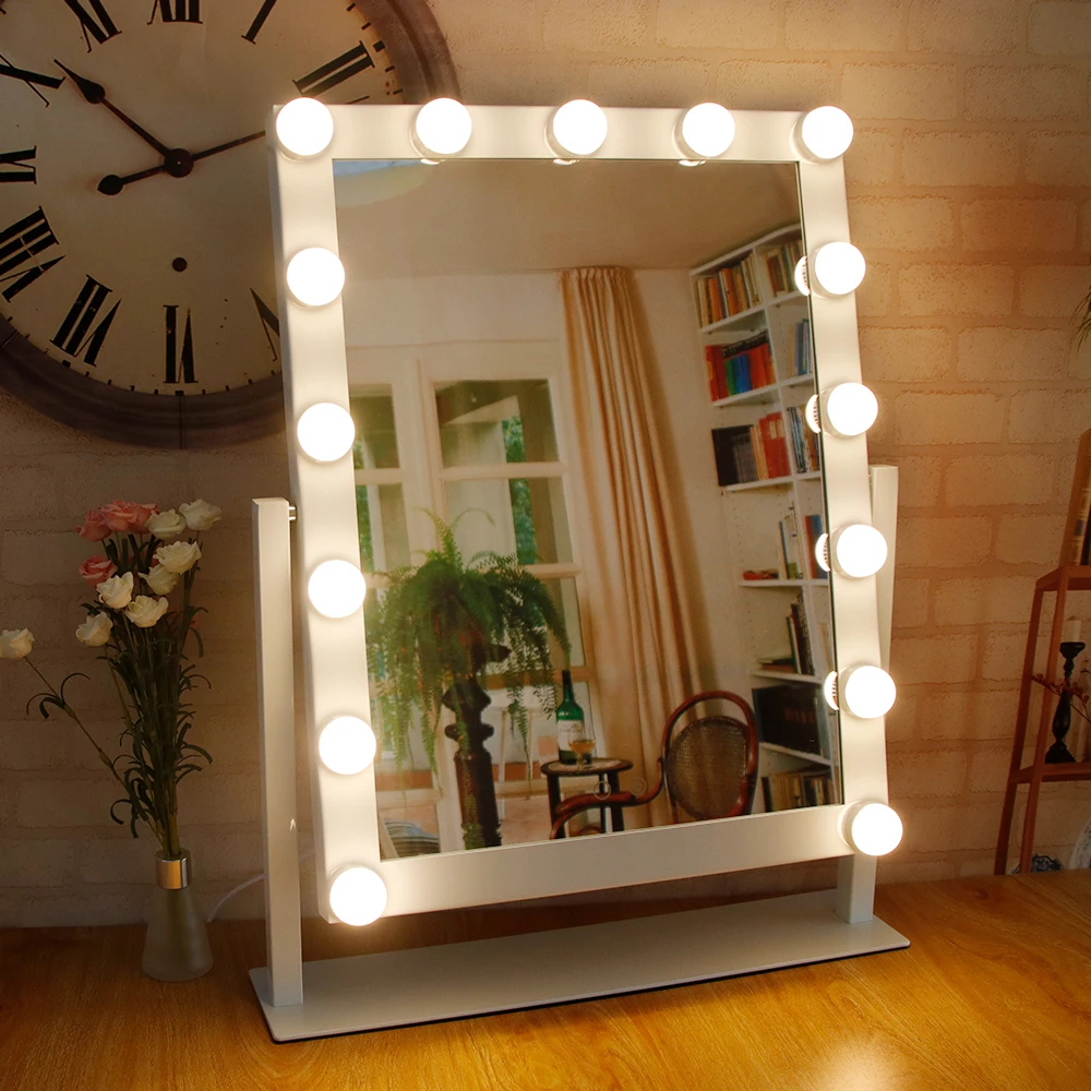 Hollywood Vanity 15 Led Bulbs Large Lighted Makeup Mirror Dimmer Table Lamp Stand Makeup Vanity Mirror with Light