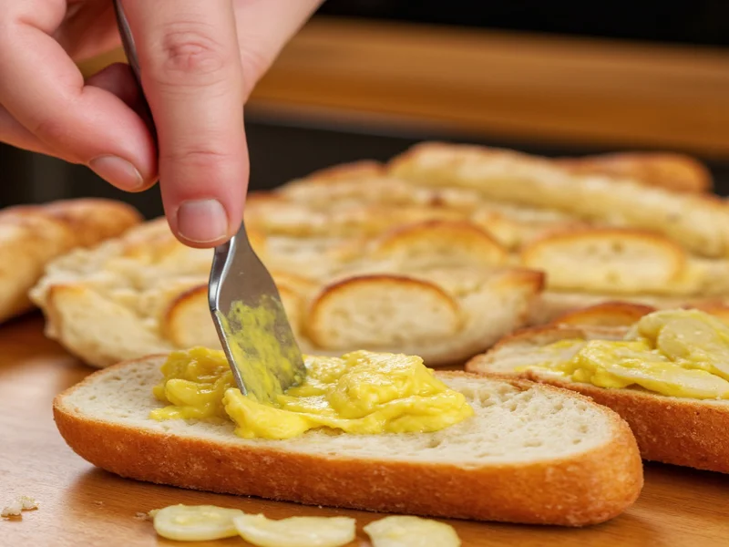 Applying garlic butter mixture to sliced baguette
