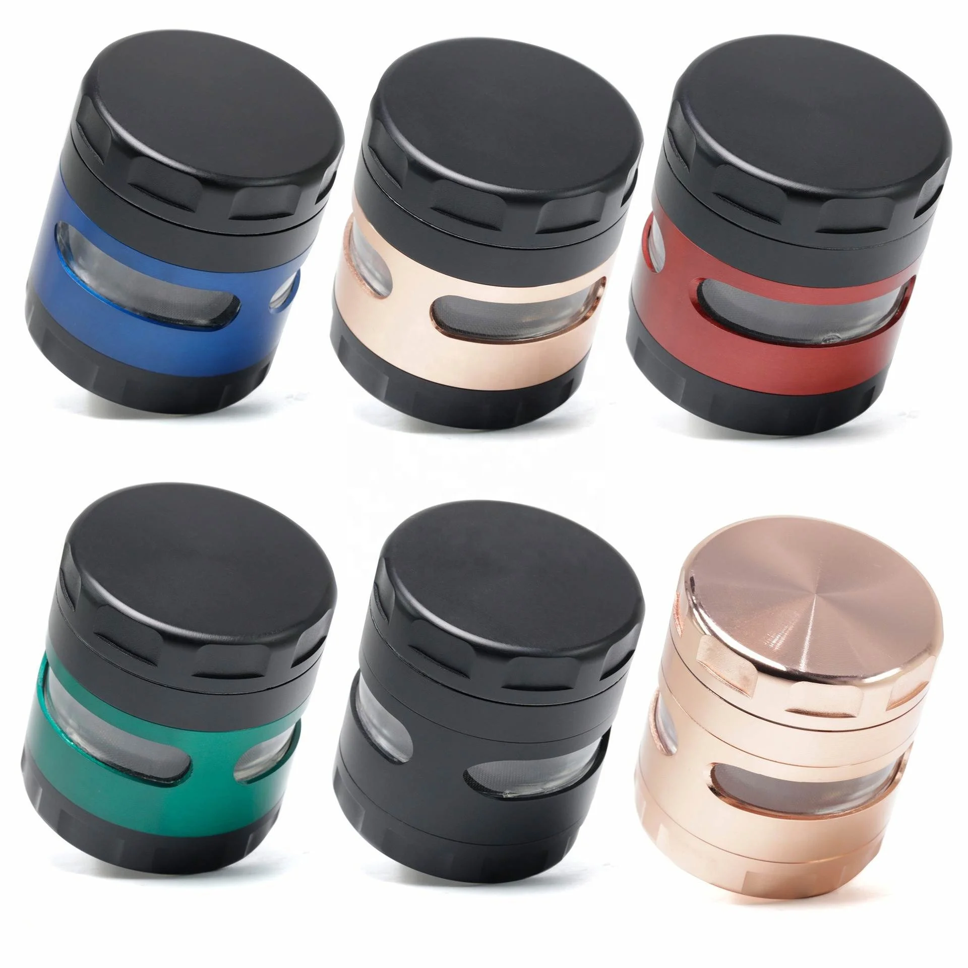 

Color Matching 4 Pieces Tobacco Grinder Diameter  Zinc Alloy Side Window Style Herb Grinder jhcentury, Picture