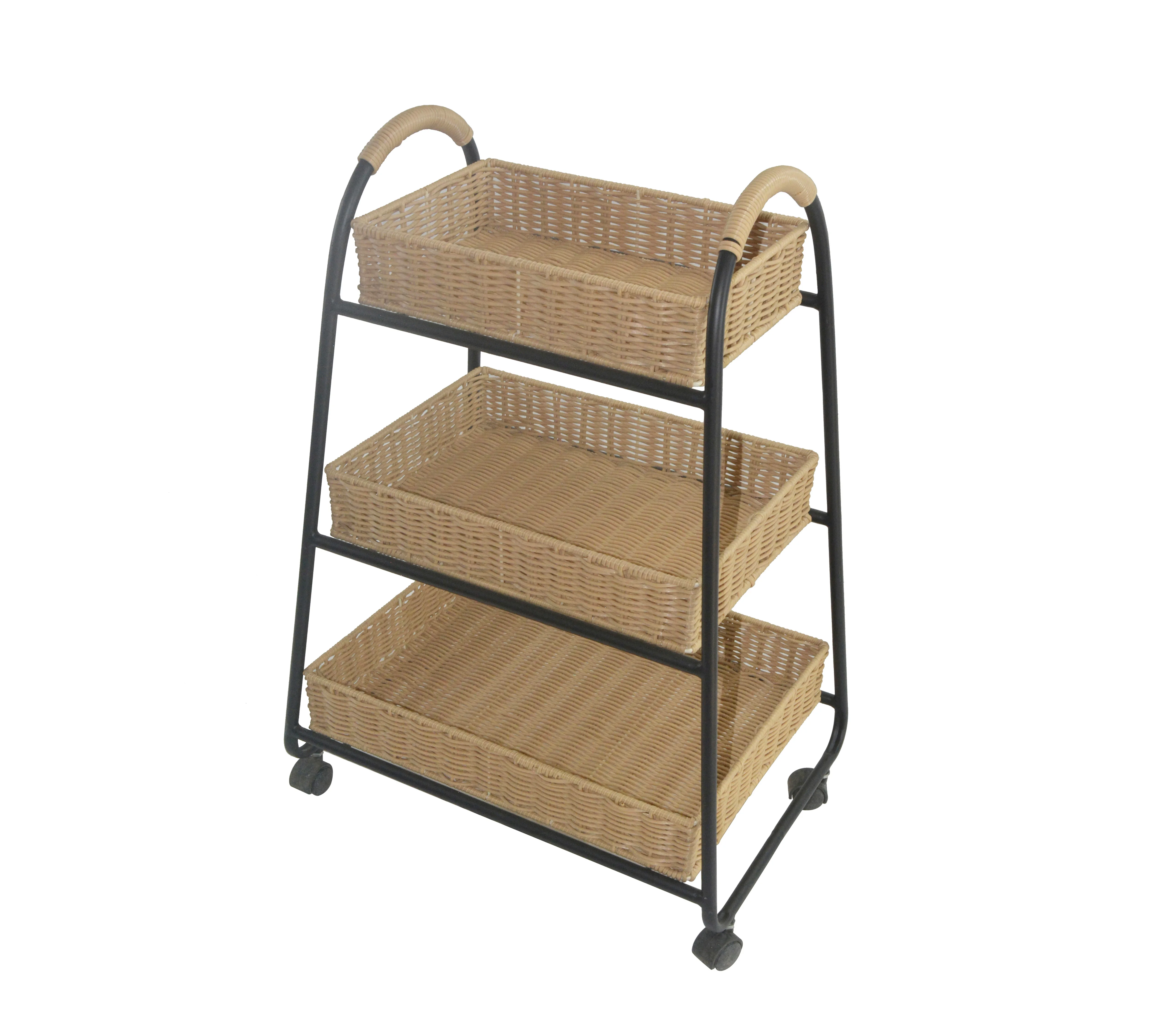 Multifunctional 3 Tier Plastic Rattan Storage Basket Stand With Wheels