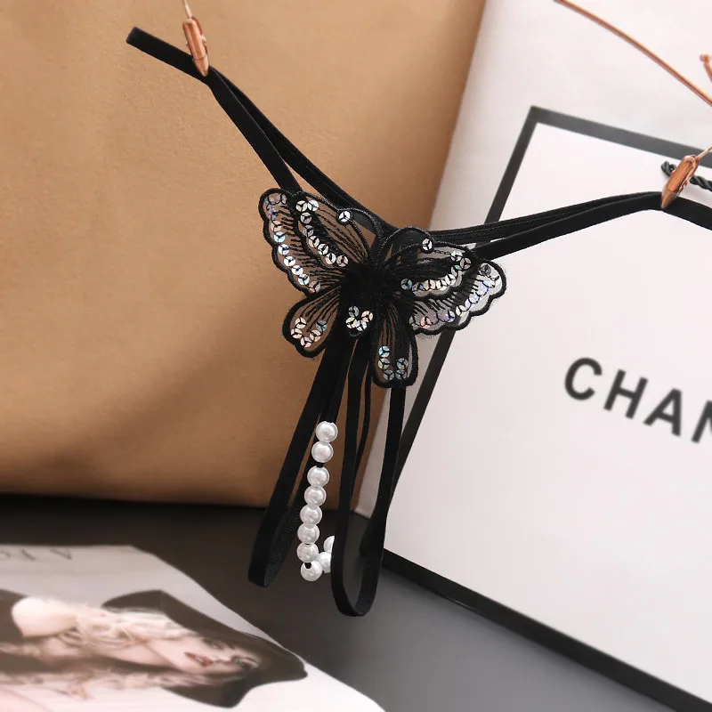 

hot sale sexy transparent butterfly embroidery lace lingerie thongs with pearl for night women girls