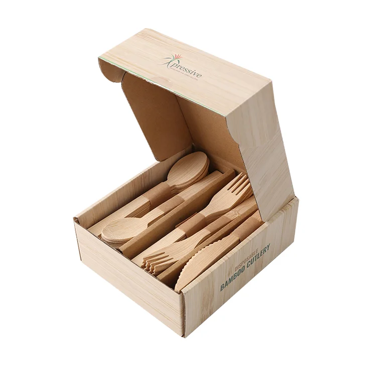 

100pcs disposable natural wood paper bag packing knife spoon fork travel dinner tableware/cutlery/flatware set with napkin, Natural color