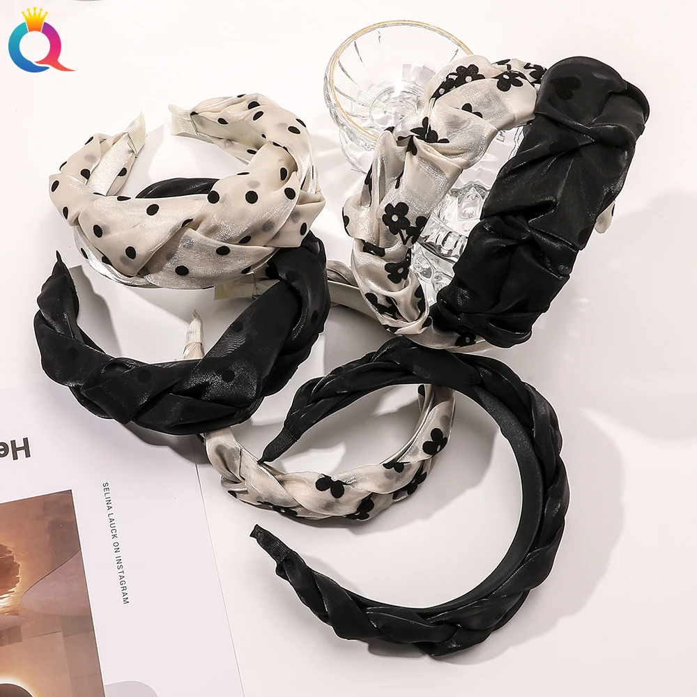 

QIYUE Korea Fashion Bright Mesh Yarn Headband For Women Beige Headband With Scrunchies Knot Hair Band Black Hair Accessories
