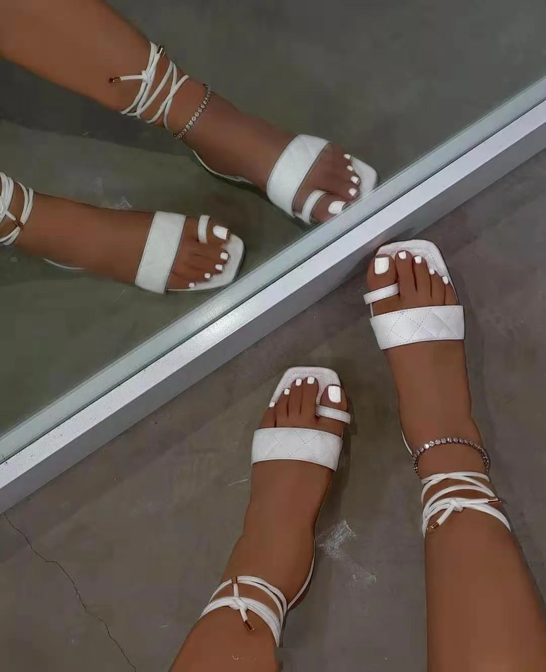 

Sandals 2021 Square Strap Roman Bandage Shoes Leather Slides Female Womens Sandals Trendy Flats Sandals