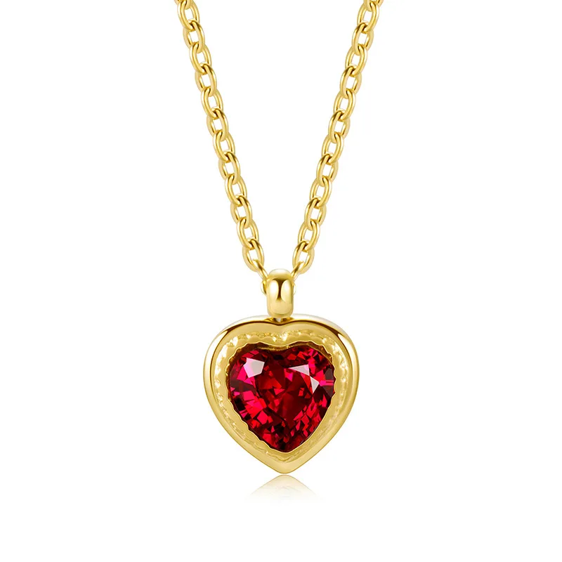 

Luxury Real Gold Plated Stainless Steel Diamond Heart Pendant Necklace Fashion Titanium Steel Ruby Heart Necklace For Party