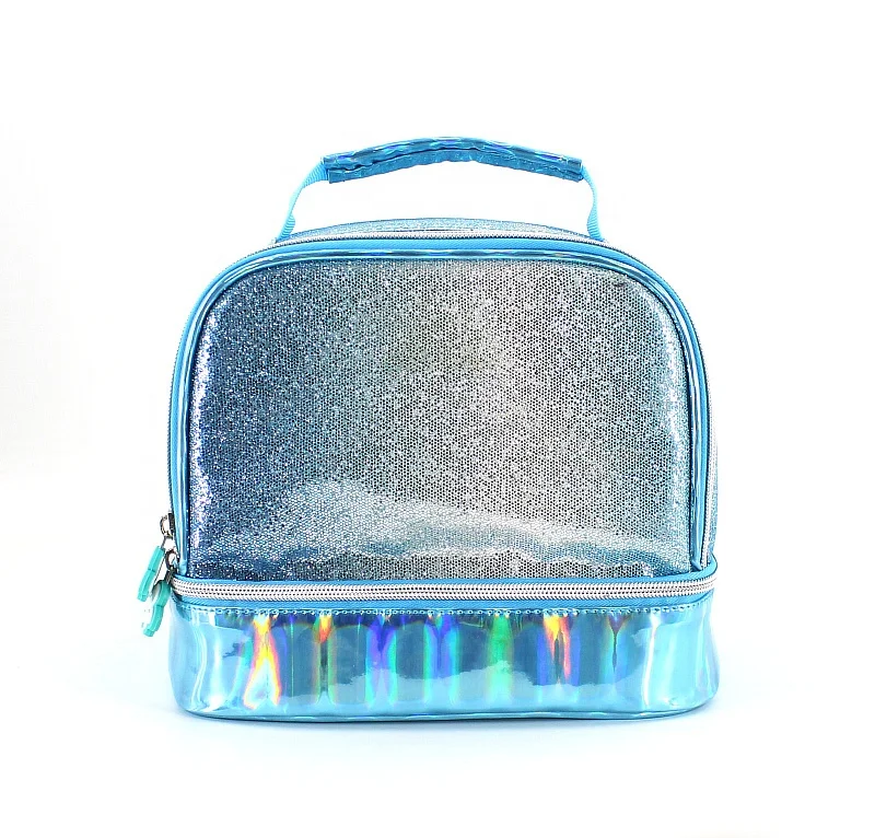 

Light Blue Gliltters Insulated White PEVA Lining Cooler Bag Lunch Box for Primary School, Customized color