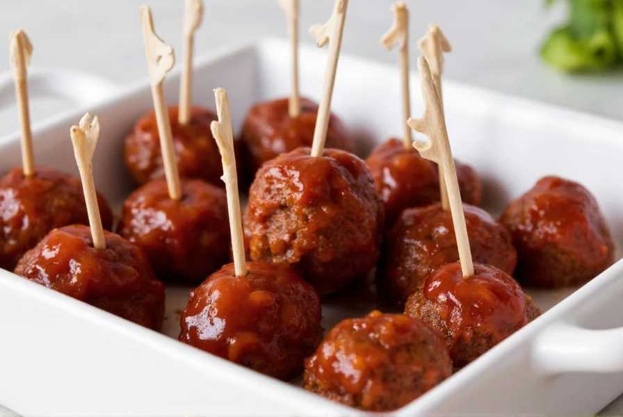 Close-up of glossy grape jelly and chili sauce meatballs in a white ceramic serving dish with toothpicks