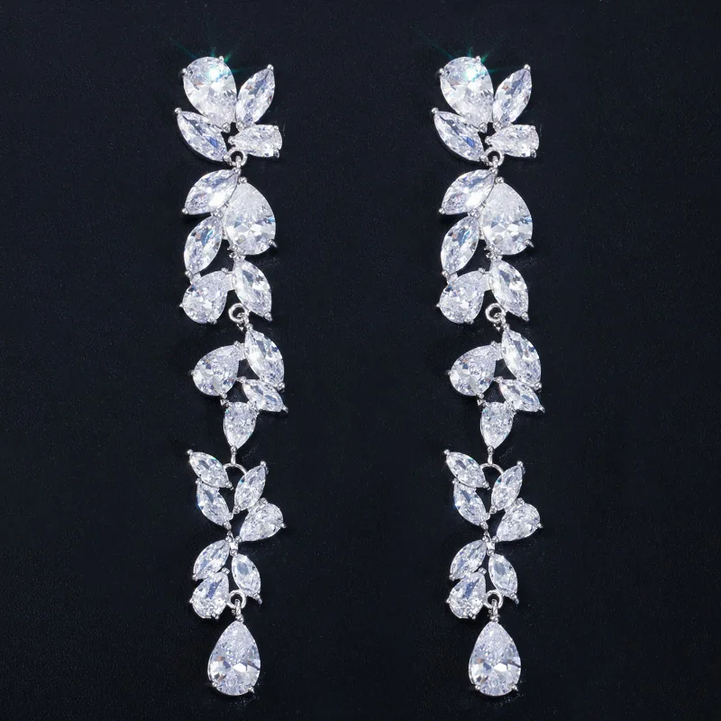 Luxury White Cubic Zirconia Gorgeous Leaf Flower Long Dangling Drop Earrings for Women Bridal Wedding Jewelry Accessories Gift