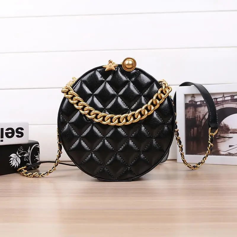 

2019 New Temperament Fashion Small Circle Quilted Genuine Leather Shoulder Chains Sling Bags For Women Girls