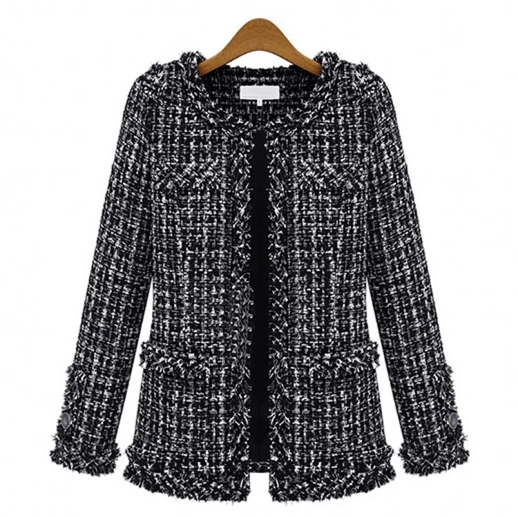 

Coat office lady Open Front Premium Tweed Fabric Blazer Collarless Tassel Women Jacket Fashion Black White Plaid Coats Woman 5XL