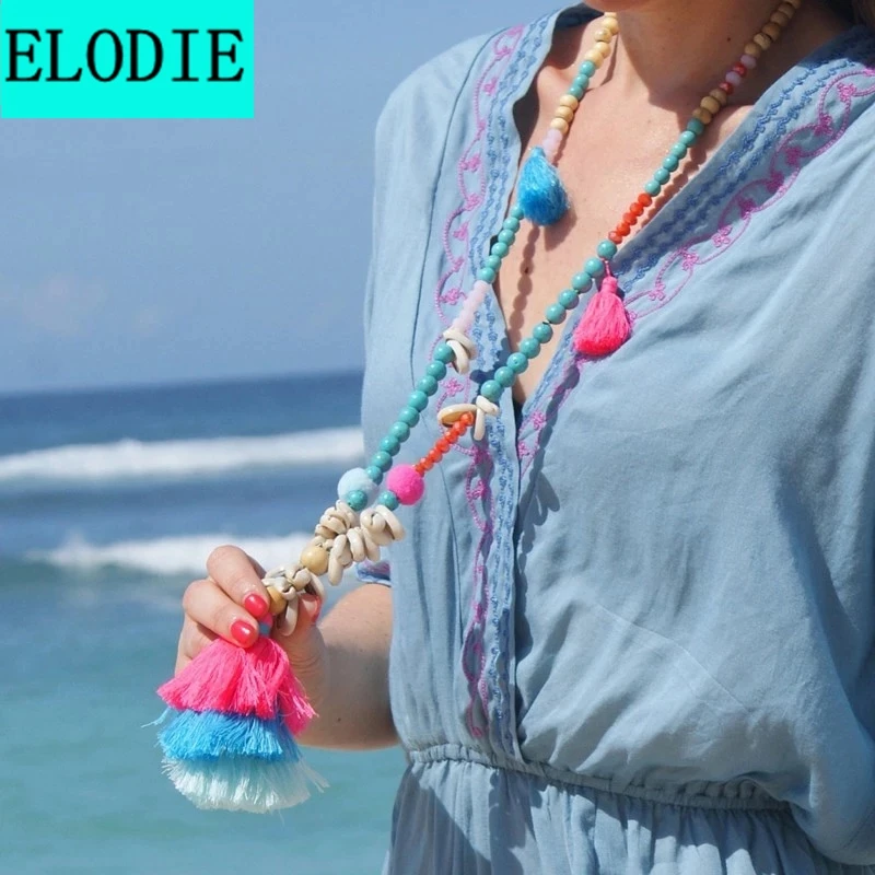 

New Tassel Necklace Women Handmade Wood Beads Crystals Natural Shell Pom Long Necklace Jewelry