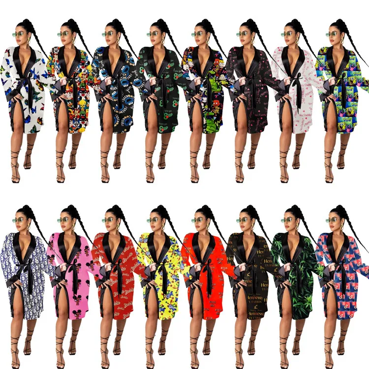 

Fashion Sexy Lady Pajamas Deep V Neck Turndown Collar Loose Bandage Print Plus Size Women Night-Gown