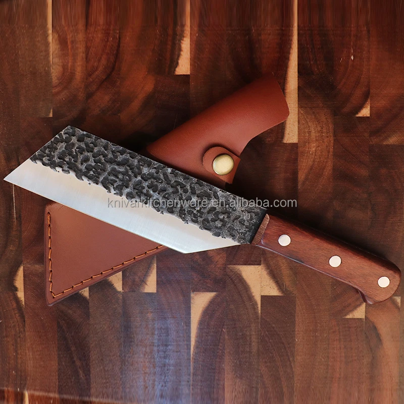 

Dropshipping  high Carbon Steel handmade forged rose wood handle Kitchen coconut durian knife with Cover Sheath