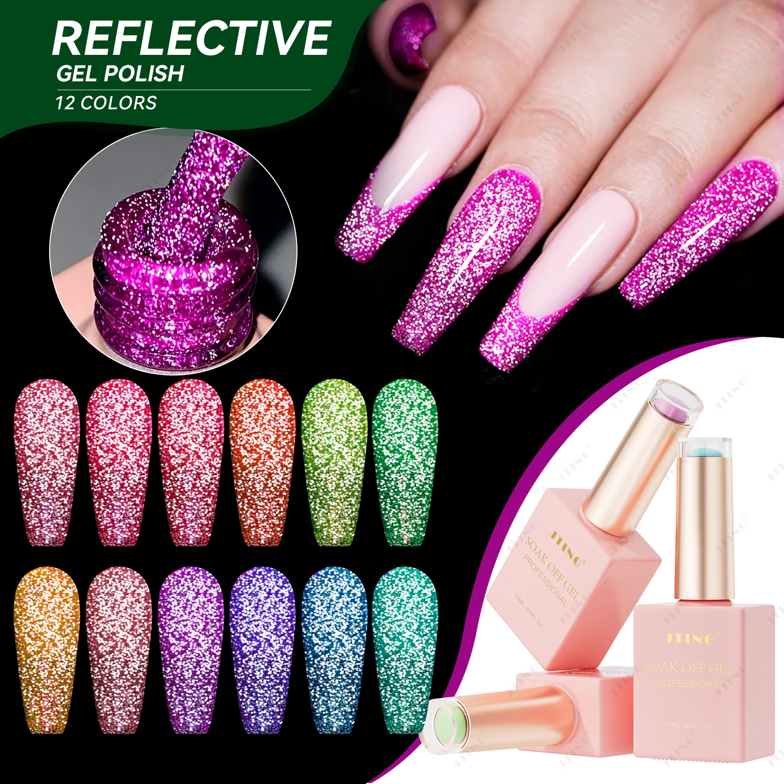 

JTING 12colors Burst Flashing Super Shiny Neon reflective gel polish set Sparkly disco diamond gel nail polish OEM ODM