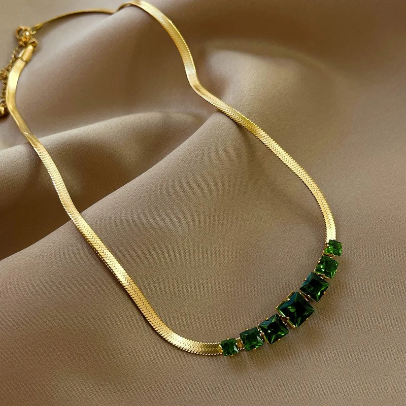 

High Quality Herringbone Chain Emerald Necklace Tarnish Free Titanium Stainless Steel Snake Chain Choker Necklaces Women