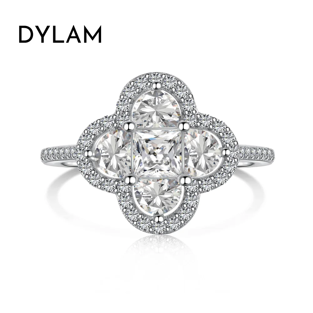 

Dylam Trending Design 18K Gold Plated 925 Sterling Silver Diamond 5a Cubic Zirconia Four Leaf Clover Promise Engage Ring