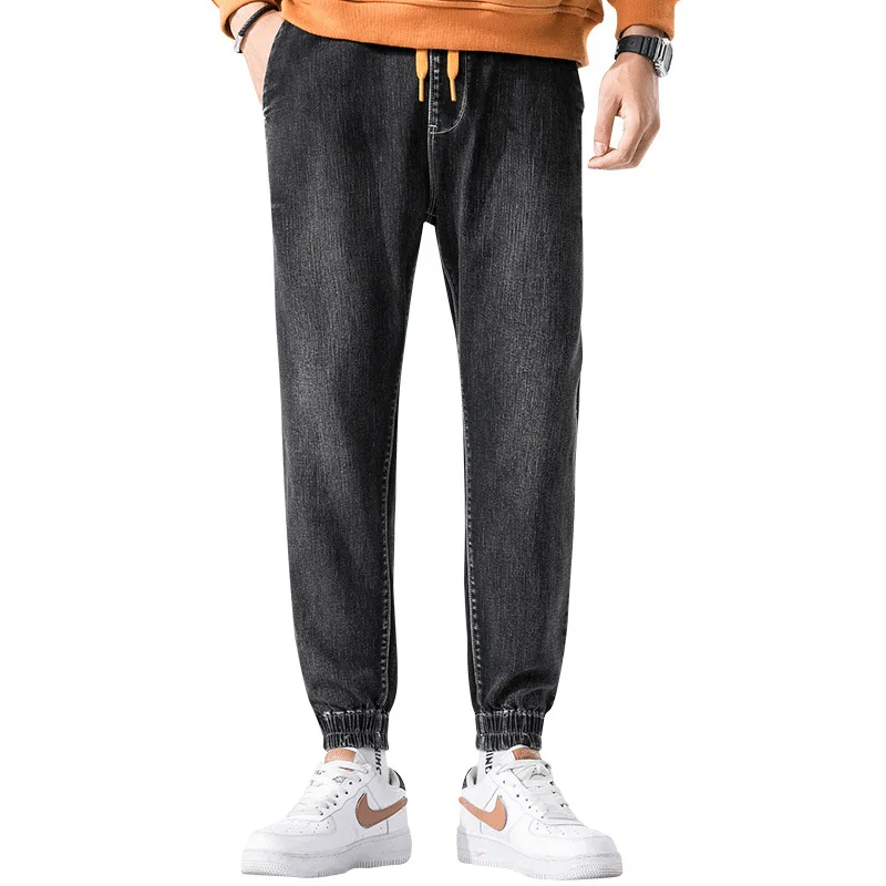 

Wholesale male Fashion Streetwear Tie Feet Pants Black Trousers Loose Jeans For Men, Black gray