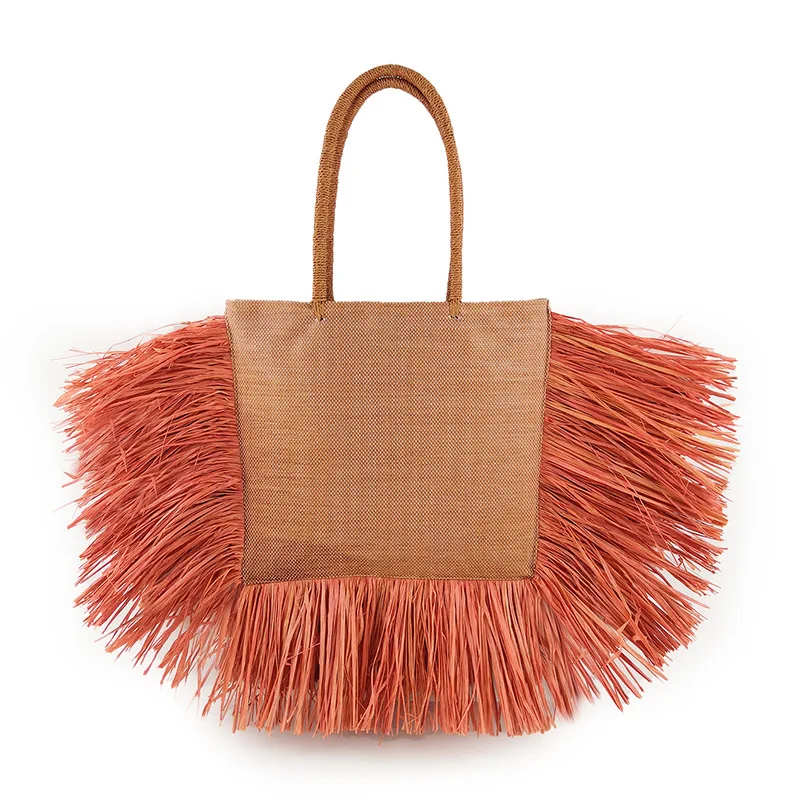 

New fashion shopping wholesale summer beach handmade tote bag raffia tassel straw handbags for women, Brown