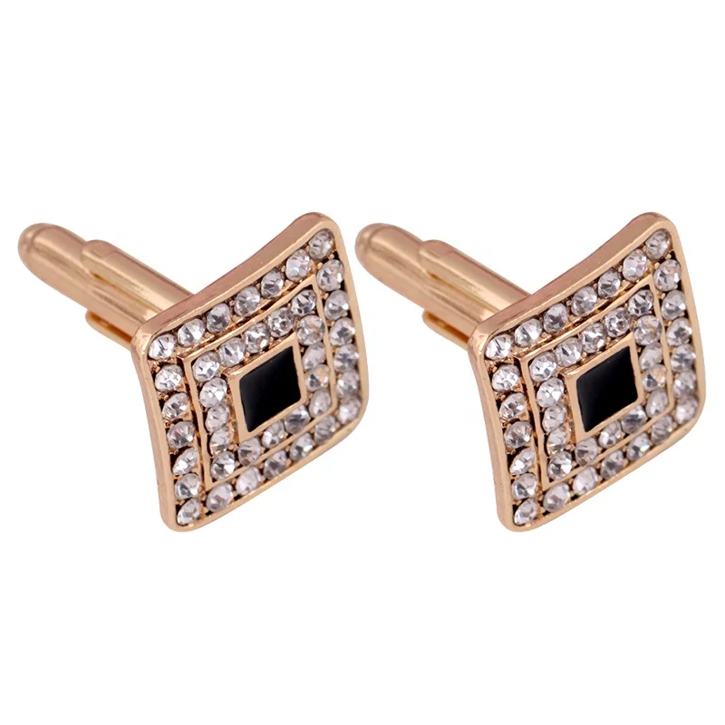 

European Designed Mens Jewelry Crystal Setting Square Shape Gold Plated French Shirts Cufflinks, Gold, silver