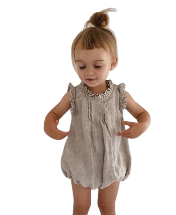 

INS wholesale simplicity plain toddler bubble jumpsuit white pink clothes summer solid Linen baby girl rompers