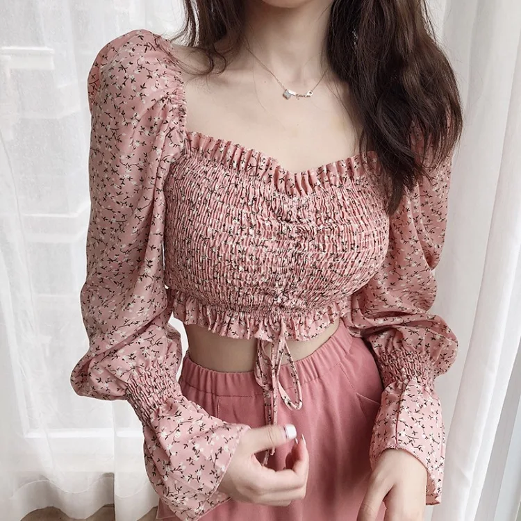 

Summer Ladies Sexy Sweet Chic Dresses Vintage Women Casual Long Sleeve Blouse Women Floral Chiffon Ruffle Square Collar Shirts, Picture color