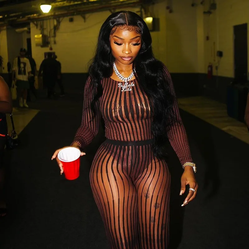 

JXS1206 Women Sexy See Through Striped Skinny Bodysuit+Foot Leggings Outfit Mesh women sets two piece