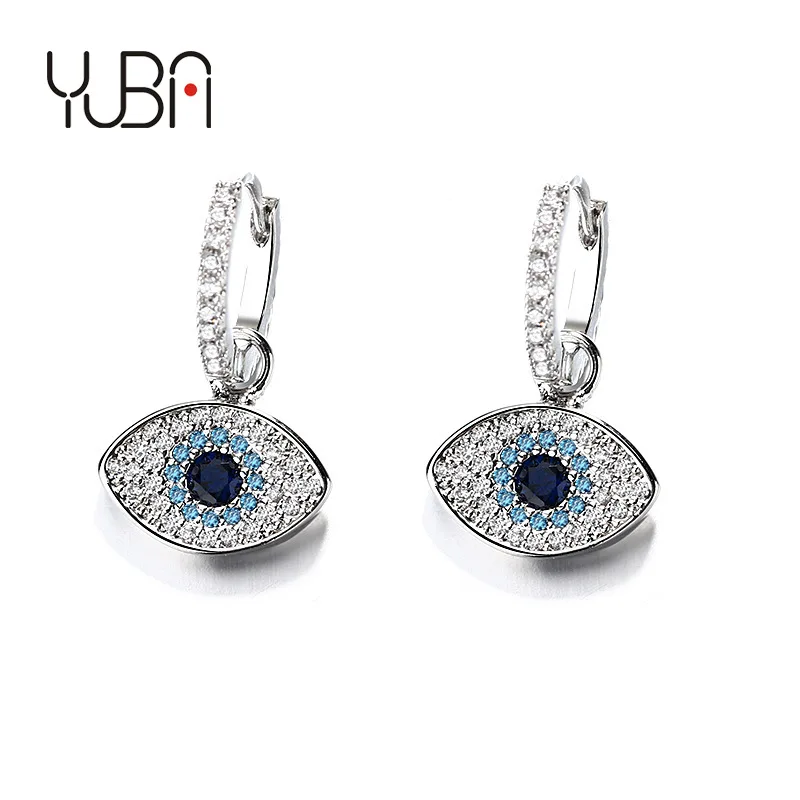 

2020 Fashion Jewelry Brass Turkish Blue Evil Eyes Earrings Silver Color Micro Paved Cubic Zirconia Eyes Dangle Earrings Women, As picture