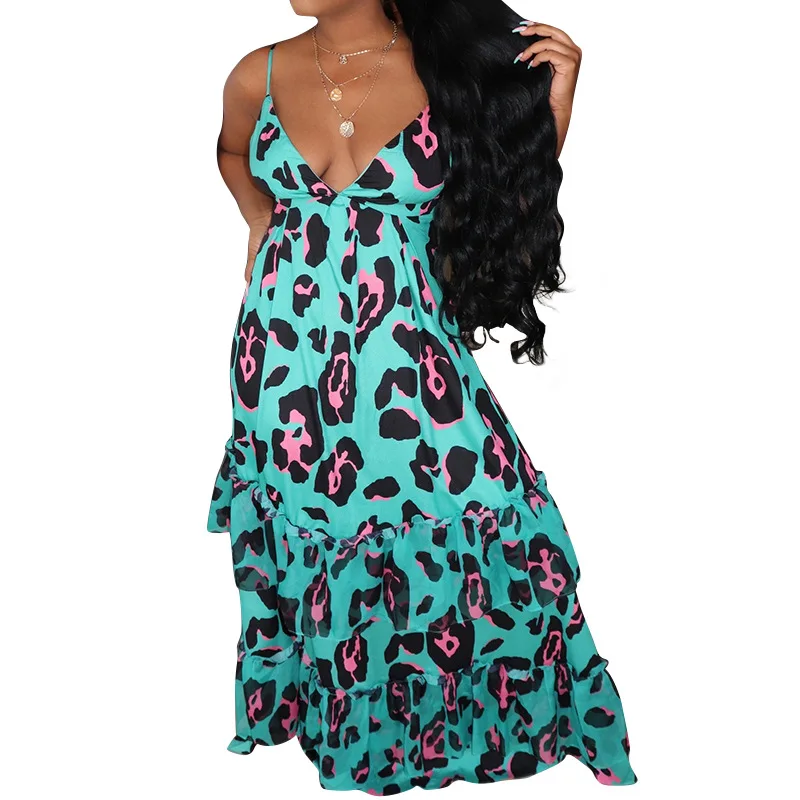 

Summer Sexy Backless Spaghetti Strap Leopard Print Beach Party Club Women A Line Dress