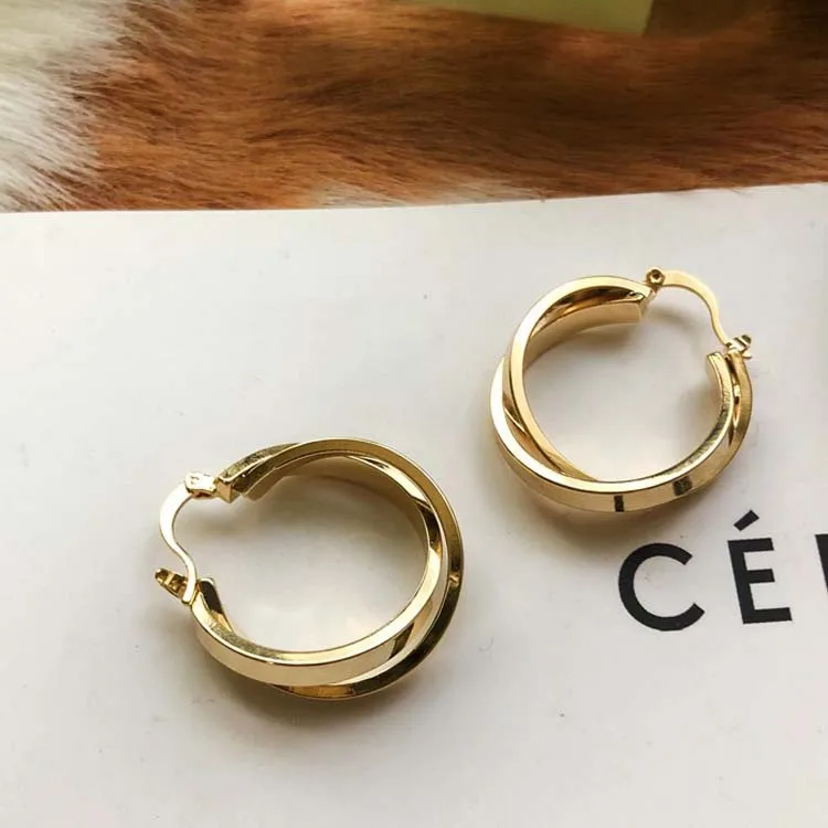 

Classic Gold Plated Clip on Hoop Earrings Vertical Crossing Geometric Twisted Chunky Hoop Earrings, Gold color