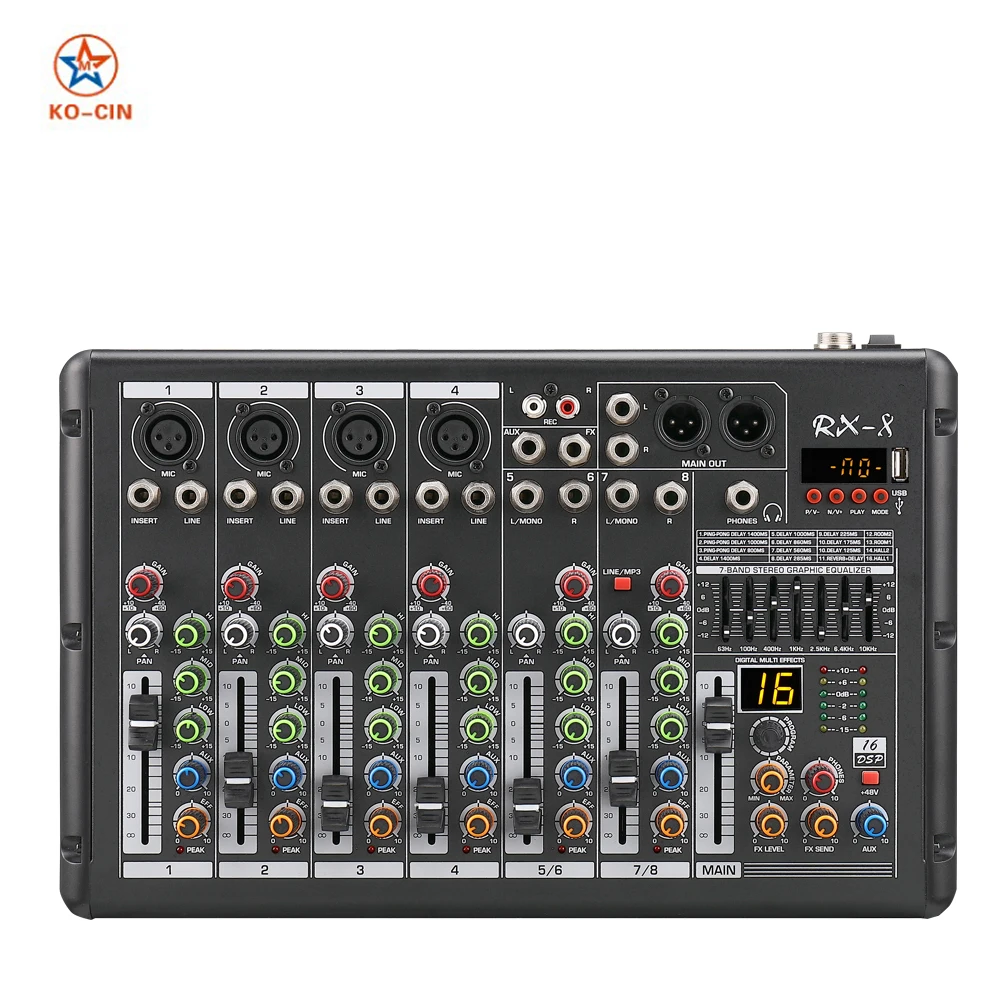 RX 8Channels Usb Mini Sound Mixing Console Audio Mixer Amplifier BT 48V Phantom Power For Karaoke Ktv Match Part, Black