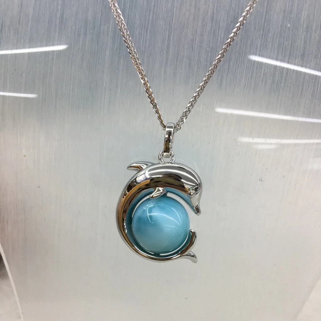 

Wholesale beautiful natural raw larimar pendant silver 925 plated pendant dolphin republic pendant handmade round jewelry