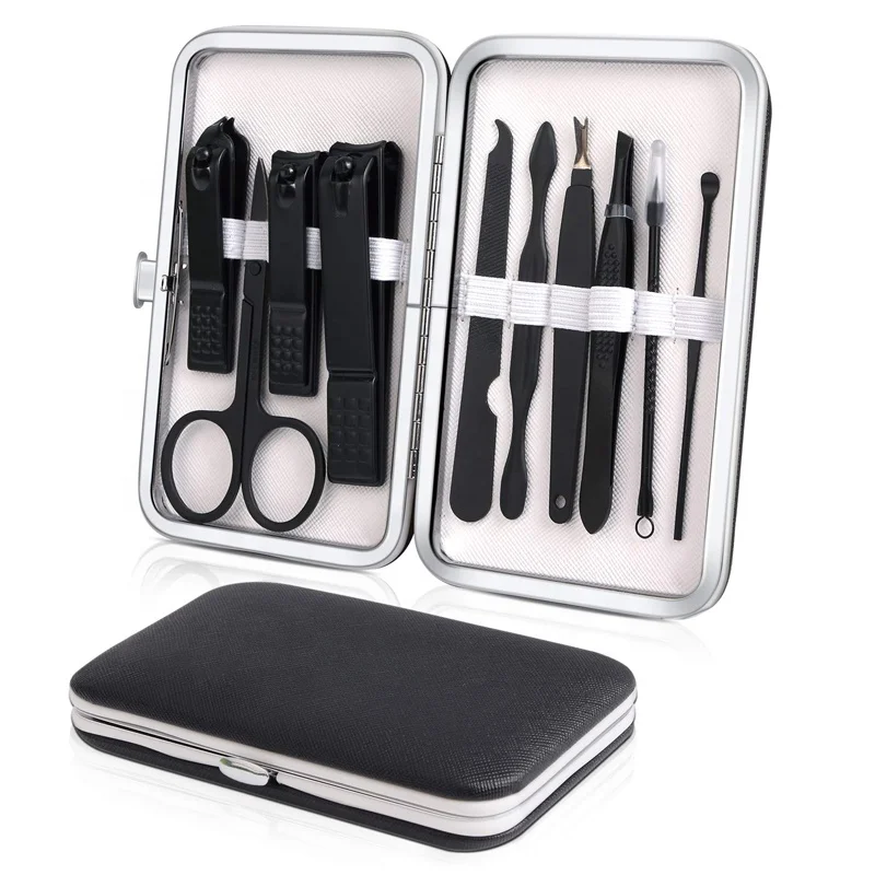 

10pcs Manicure Set Black With PU Leather Case Travel Mini Nail Clippers Kit Pedicure Care Tool Stainless Steel Grooming kit, Deluxe black, or other custom colors as required
