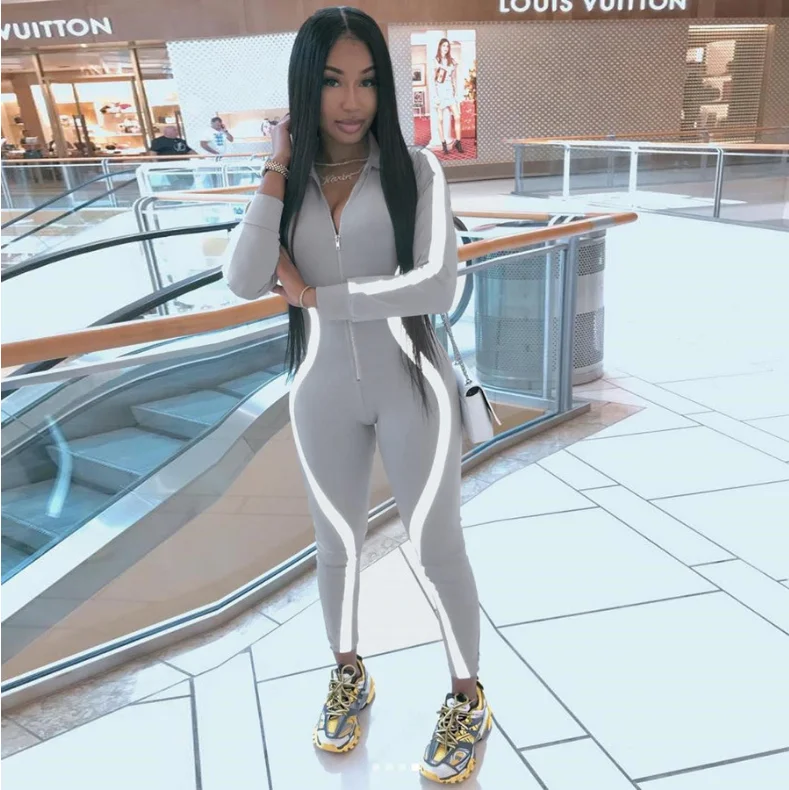 

Women skinny jumpsuit pants reflective striped patchwork fitness bodysuit new female casual rompers work out playsuit, Customized color