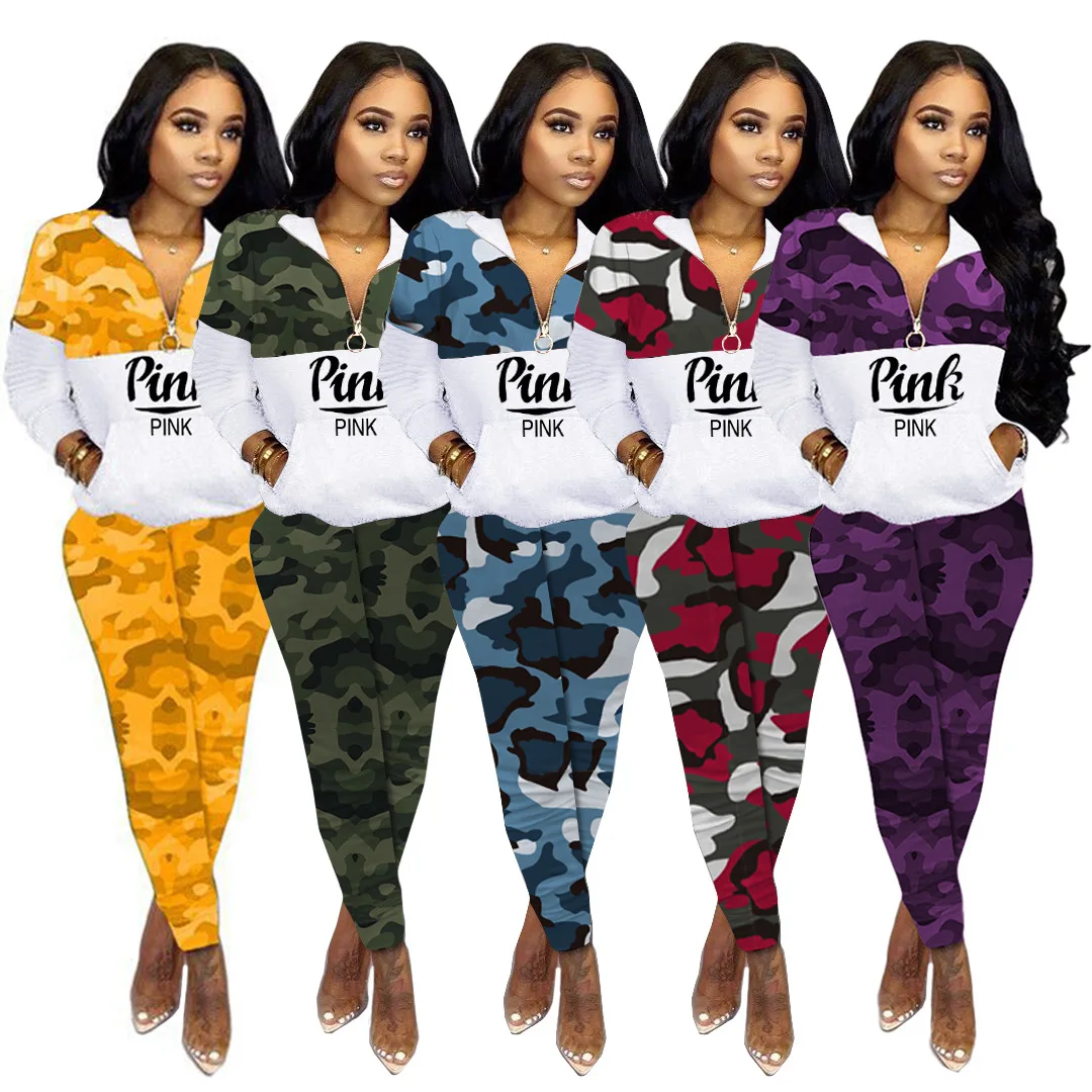 

HGL1729 fall 2021 women clothes camouflage casual letter printed sweatsuit set tracksuit two piece pants sets