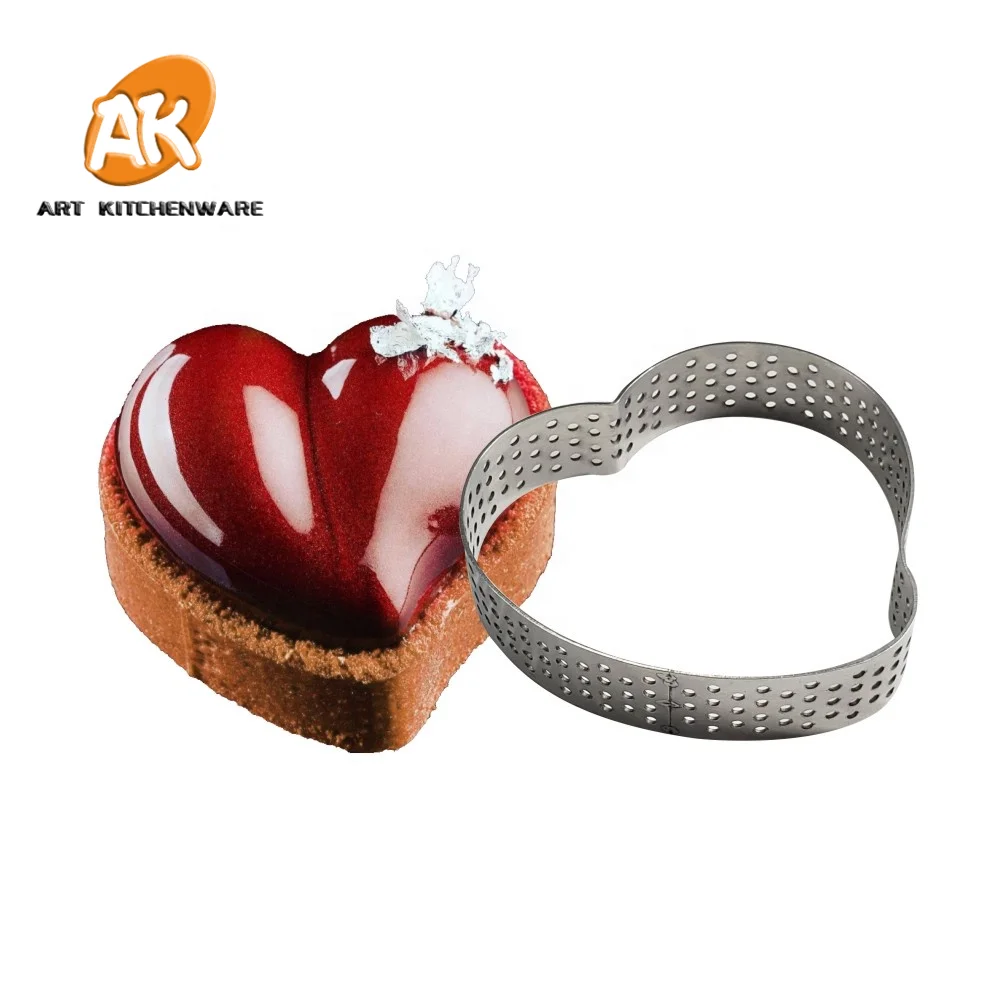 

Love Heart SS304 Tart Rings for Valentine's Day Heat-Resistant Perforated Mousse Molds Pastry Rings Baking Tools WQ-09, Silver