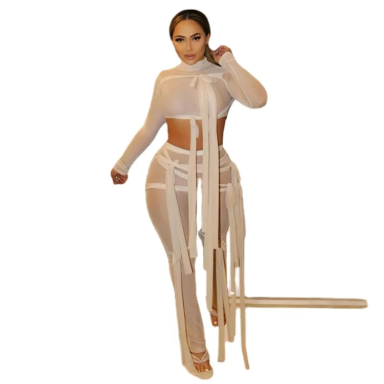 

new arrival 2021 sexy Women's 2-piece sets long sleeve lace crop top and stacked pants mesh see-thought sexy women pants set, Picture