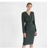 

New arrival V neck green long sleeve office dresses women formal ruffles with belt party dresses