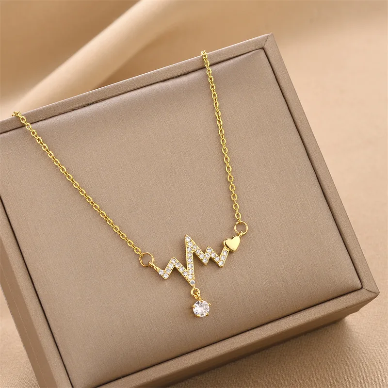 

Hot Selling Inlaid Rhinestone Necklace O Chain Heart Choker Necklace Electrocardiogram Stainless Steel Necklace