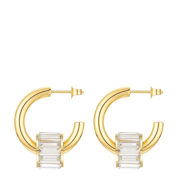 

Latest High Quality 18K Gold Plated Stainless Steel Jewellry C Shaped Diamond Encrusted Cylinder Earrings E201220